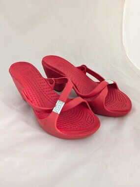 Crocs Heels Red Cyprus Womens 10 Chunky High Slip On Strappy Sandals Platform